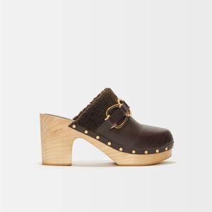 Maje Brown Heeled Clogs with gold chain-finish Brand New